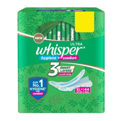 Whisper Ultra Hygiene and Comfort Sanitary Napkin with Soft Wings (XL+ ) 44 pads Whisper Ultra Hygiene and Comfort Sanitary Napkin with Soft Wings (XL+ ) 44 pads